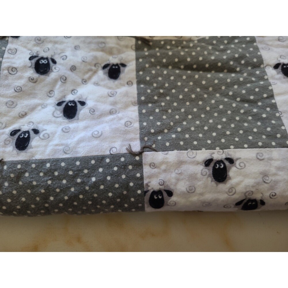 Handmade Flannel Baby Quilt Sheep 32" X 43" Monochromatic Nursery Gray White